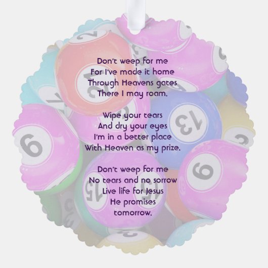 Christian Memorial Photo Keepsake Bingo Game Ornament Karte (Rückseite)