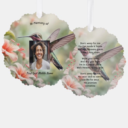 Christian Memorial Photo Keepsake Hummingbird Ornament Karte (Vorderseite/Rückseite)