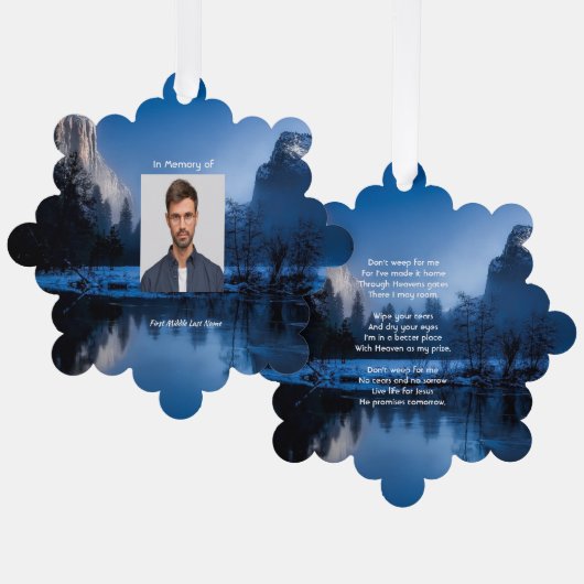 Christian Memorial Photo Mountain Lake Winter Snow Ornament Karte (Vorderseite/Rückseite)