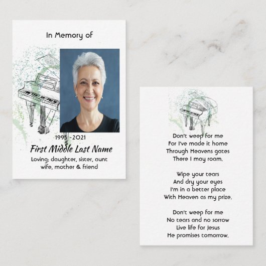 Christian Memorial Photo Prayer Piano Musician Visitenkarte (Vorne/Hinten)