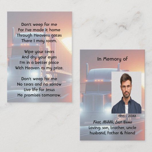 Christian Memorial Semi-Truck Tractor-trailer Visitenkarte (Vorne/Hinten)