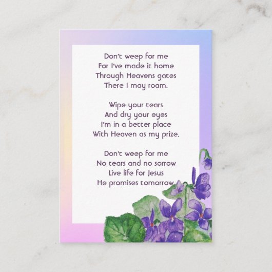 Christian Memorial Watercolor Wild Violet Visitenkarte (Rückseite)