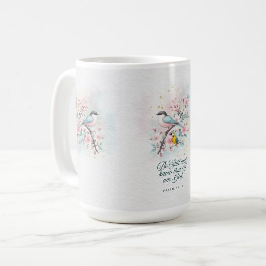 Christian Mug | “Be still” Floral Script Kaffeetasse (Vorderseite Links)