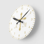 Christian Simple Gold Cross on White Monogram Runde Wanduhr (Winkel)