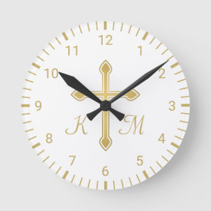 Christian Simple Gold Cross on White Monogram Runde Wanduhr