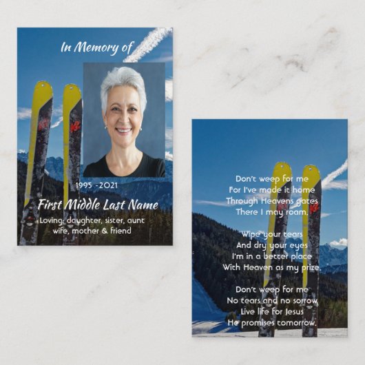 Christian  Skiing Skier  Memorial Keepsake  Visitenkarte (Vorne/Hinten)
