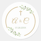 Christian Wedding Monogram Greenery Wreath Cross Runder Aufkleber (Vorderseite)