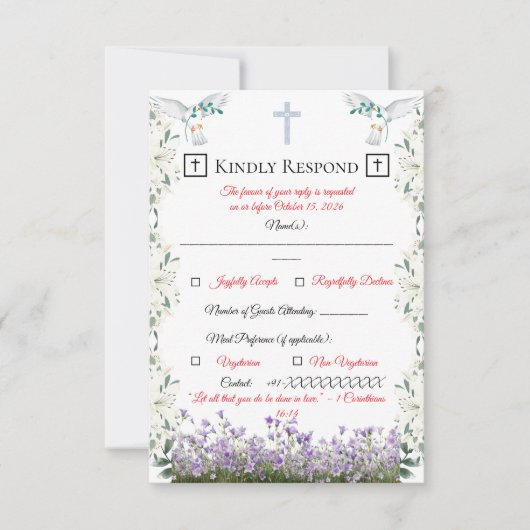 Christian Wedding RSVP Card with Cross Karte (Vorderseite)