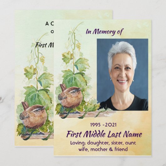 Christian Wren Bird Vineyard Celebration of Life Einladung (Vorne/Hinten)