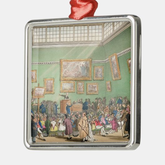 Christies Auktionssaal, aquatinted von J. Bluck Silbernes Ornament (Links)