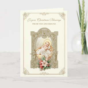Christkind der Katholiken Jesus Poinsettia Blumenk Feiertagskarte