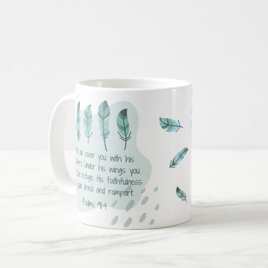 Christlich Boho Feathers Psalm 91:4 Blue Green Kaffeetasse (Vorderseite Links)