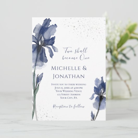 Christlich Dusty Blue Iris Einfache Blume Hochzeit Einladung (Stehend Vorderseite)