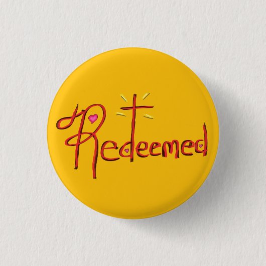 Christlich ‘Erlöst’ mit Kreuz und Herzen Gelb Button (Vorderseite)