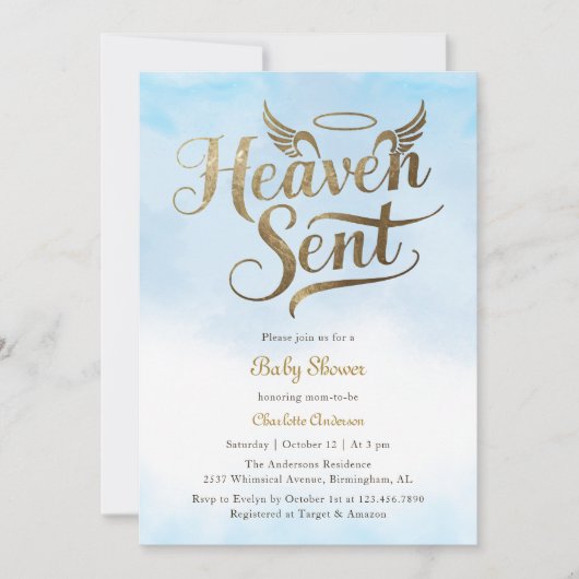 Christlich Heaven Sent Blue Clouds Boy Baby Dusche Einladung (Vorderseite)
