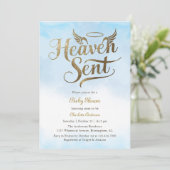 Christlich Heaven Sent Blue Clouds Boy Baby Dusche Einladung (Stehend Vorderseite)