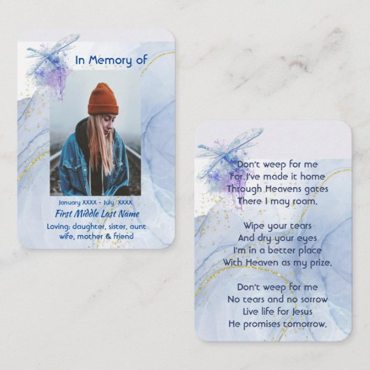 Christlich Memorial Keepake Memorial Dragonfly Visitenkarte (Vorne/Hinten)