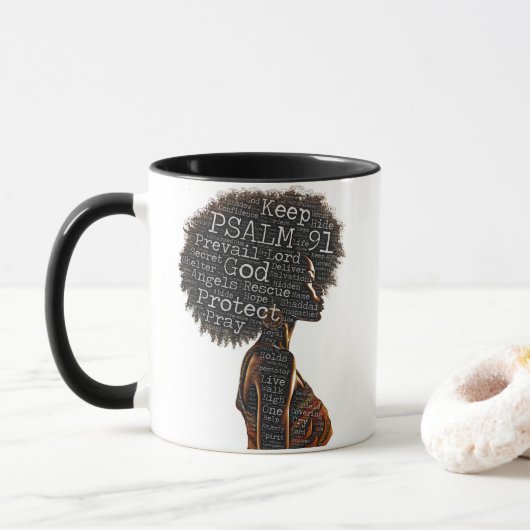 Christlich Schwarze Frau Naturhaar Psalm 91 Gebet Tasse (Mit Donut)