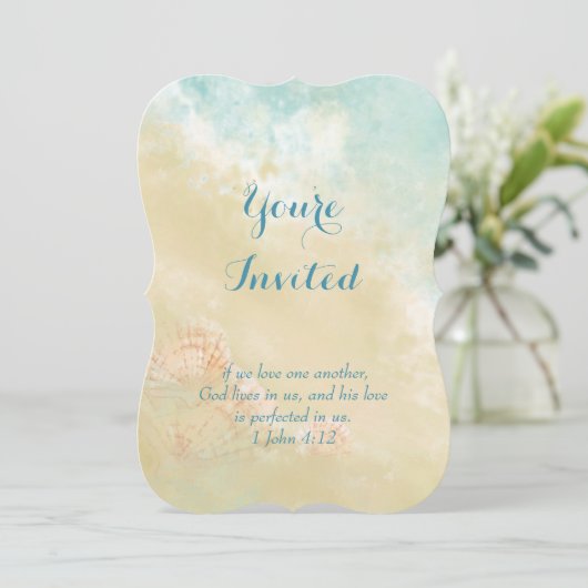 Christlich Scripture Beach Ocean Seashell Wedding Einladung (Stehend Vorderseite)