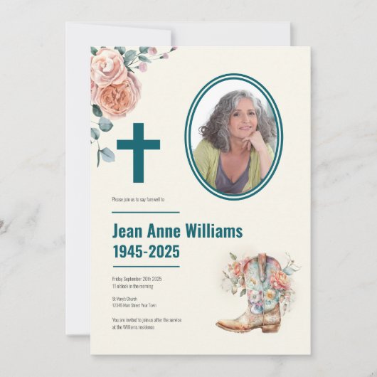 Christliche Beerdigung Cowgirl Boot & Rose | 4 FOT Einladung (Vorderseite)