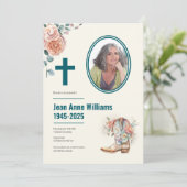 Christliche Beerdigung Cowgirl Boot & Rose | 4 FOT Einladung (Stehend Vorderseite)