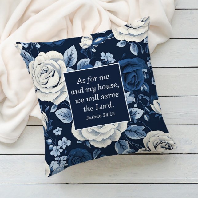 Christliche Blütenverse Kissen (Navy blue white floral Christian Bible verse decorator pillow)