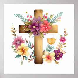 Christliche Cross & Watercolor-Blume Poster