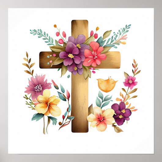Christliche Cross & Watercolor-Blume Poster (Vorne)