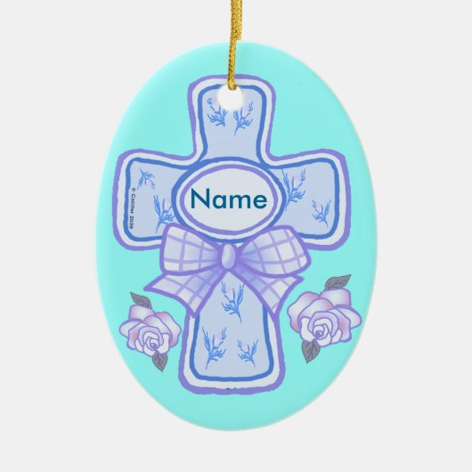 Christliche Crossverzierung mit blauem Bow Keramik Ornament (Vorne)