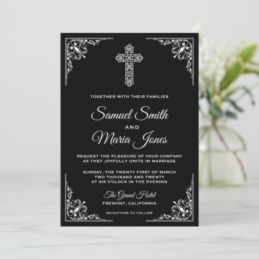 Christliche Einladung zur Hochzeit in Schwarz und  (Stehend Vorderseite)