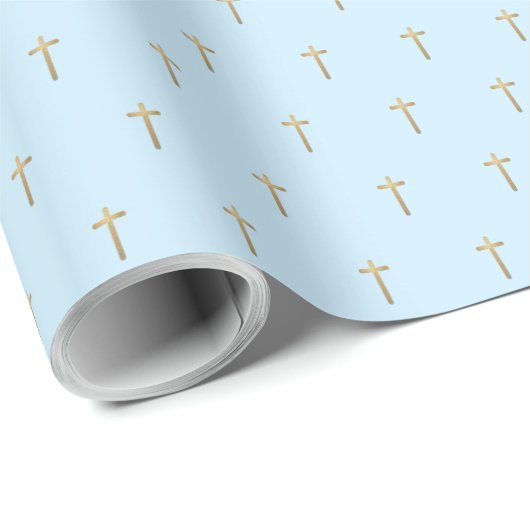 Christliche Event-Imitate Gold Cross Muster Blau Geschenkpapier (Rolleneckpunkt)