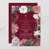 Christliche Feier des Lebens Burgund Floral Einladung (Vorne/Hinten)