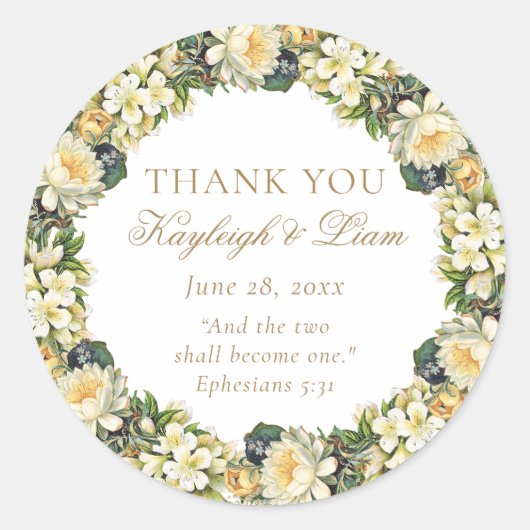 Christliche Gastgeschenk Hochzeit der Blumen-Weißb Runder Aufkleber (Vorderseite)