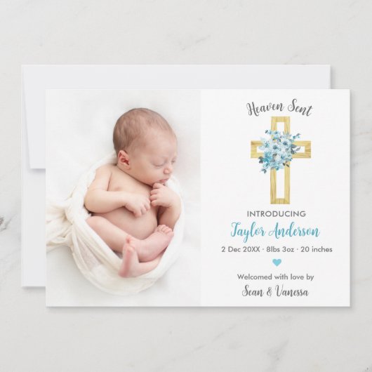 Christliche Geburtsankündigung Foto-Karte Blaues K Ankündigung (Vorderseite)