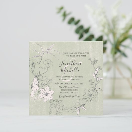 Christliche Hochzeit im Rosa Grünen Blumengarten Einladung (Stehend Vorderseite)