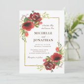 Christliche Hochzeit in Red Floral Gold Frame Einladung (Stehend Vorderseite)