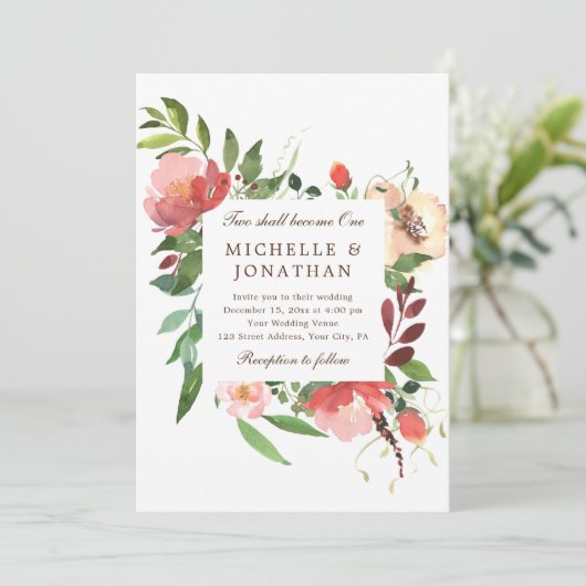 Christliche Hochzeit mit rosa Blütenfarbe Einladung (Stehend Vorderseite)