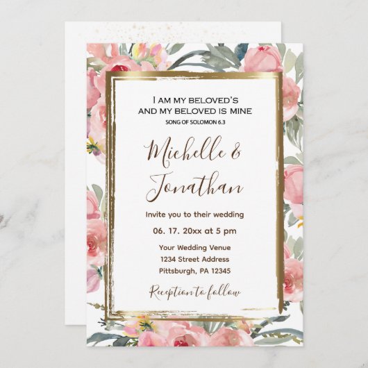 Christliche Hochzeit mit rosa Blütengoldrahmen Einladung (Vorne/Hinten)