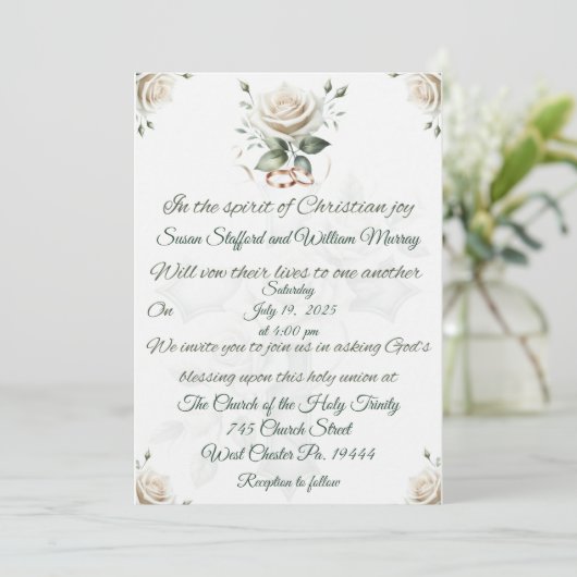 Christliche Hochzeitseinladung mit weißer Rose und Einladung (Stehend Vorderseite)