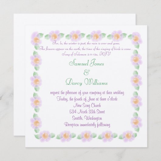 Christliche Hochzeitseinladung - violette Blumen Einladung (Vorne/Hinten)