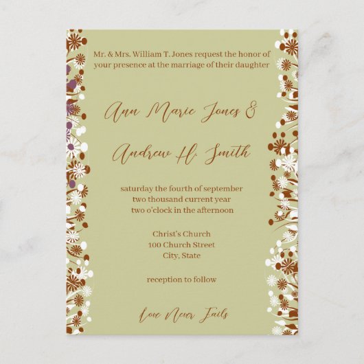 Christliche Hochzeitseröhre Liebe Versage nie Einladungspostkarte (Vorderseite)