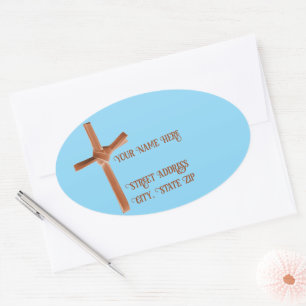 Christliche Palm Cross-Adressetiketten, braun & bl Ovaler Aufkleber