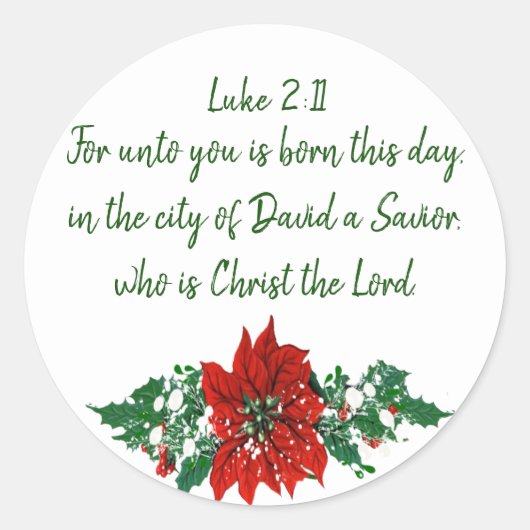 Christliche Schrift Luke 2:11 Pointsettia Holly Runder Aufkleber (Vorderseite)