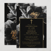 Christliche Schwarze Gold-Blütenfeier Einladung (Vorne/Hinten)