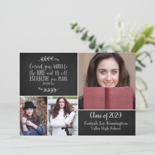 Christlicher Abschluss Bibel Verse FotoCollage Einladung (Stehend Vorderseite)
