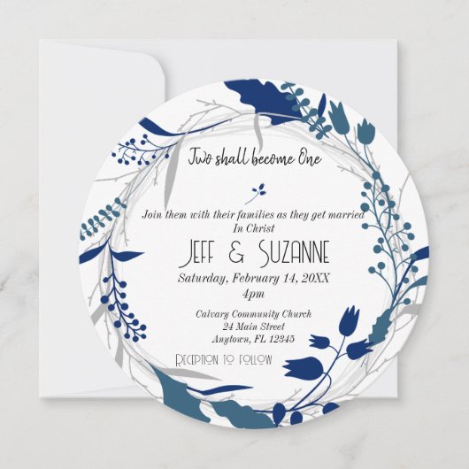 Christlicher blauer Blumenreath Two wird zu einem Einladung (Vorderseite)
