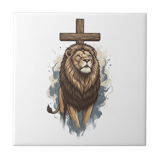 Christlicher Löwe und Kreuz Vintage Fliese (Vorderseite)
