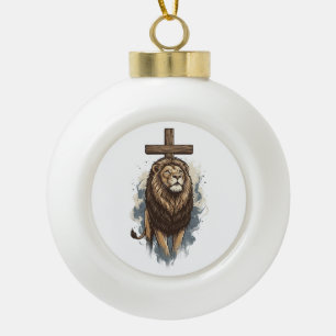 Christlicher Löwe und Kreuz Vintage Keramik Kugel-Ornament
