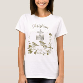 Christlicher T - Shirt Floral Cross mit Vögeln und