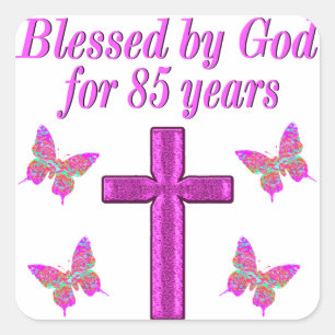 CHRISTLICHES 85. GEBURTSTAGES PINK CROSS DESIGN QUADRATISCHER AUFKLEBER
